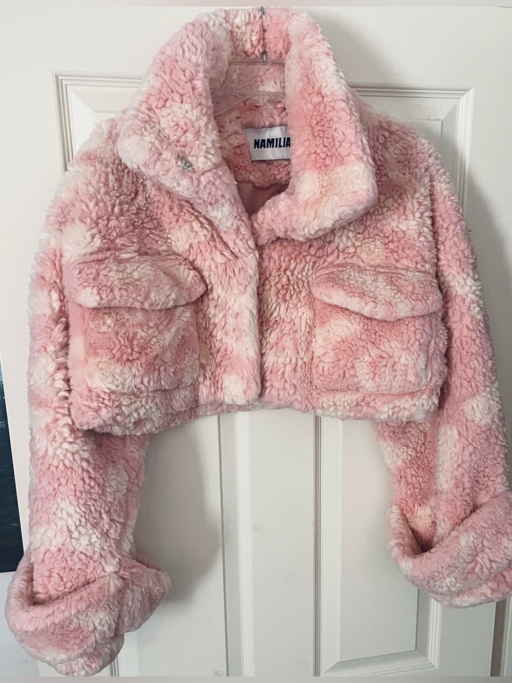 Dolls Kill Namilia D*ck Dollar Print Faux Fur Cropped Jacket Pink White